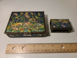 Vintage Chinese Cloisonne Cigarette Box And Match Box Holder Set