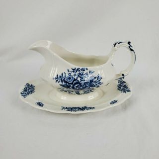 Vintage Booths Blue & White “peony” A8021 Gravy Boat Attached Underplate England