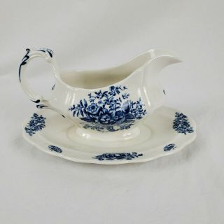 Vintage Booths Blue & White “Peony” A8021 Gravy Boat Attached Underplate England 3