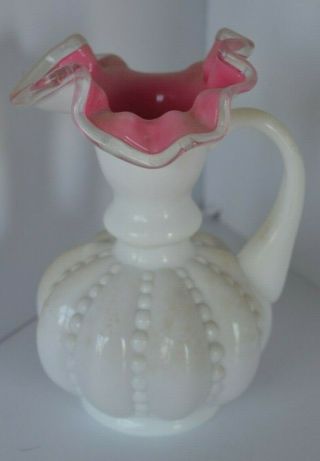 Vintage Fenton Glass Vase Pink White Opalescent Creamer Pitcher Beaded