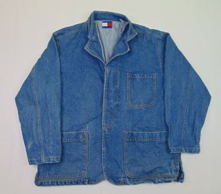 Vtg 90s Tommy Hilfiger Men L Denim Blue Jean Barn Jacket Chore Coat Button Front