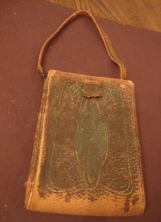 Antique Art & Crafts Nouveau Leather Brass Vanity Purse Clutch Mirror Makeup Bag