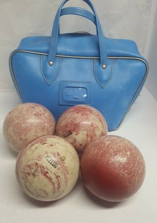 Vintage Heelco Candlepin Bowling Balls Set Of 4 Baby Blue Bag Red/white 2lb 5oz