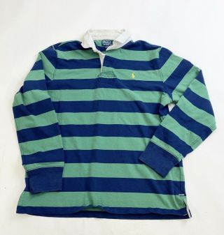Vintage Polo Ralph Lauren Rugby Shirt Size Large Blue Green Striped Custom Fit