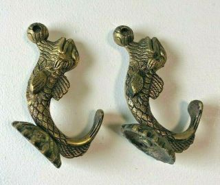 Vintage Antique Solid Brass Koi Fish Key Cloth Wall Mounted Hooks 4.  5 " L