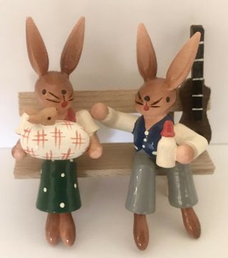 Erzgebirge Esco Bunny Rabbit Family Baby Bench Mother Father Wood Figure Box Vtg
