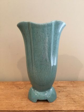 Vintage Red Wing Art Pottery Tall Vase Urn Speckled Aqua Turquoise 10”