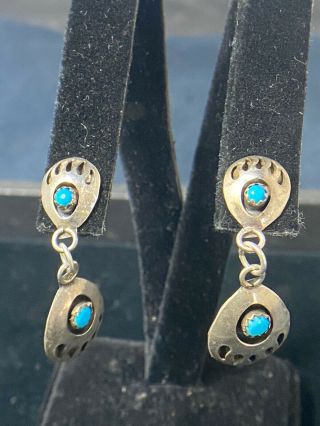 Vintage Native American Sterling Silver Bear Claw Turquoise Dangle Earrings