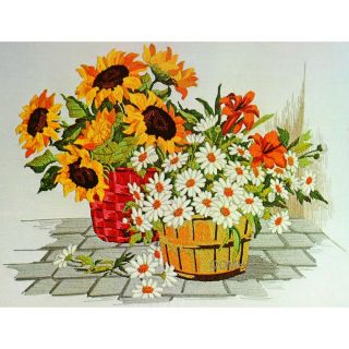 Sunflower & Daisy Floral Vintage Crewel Embroidery Kit Basket Of Flowers Large