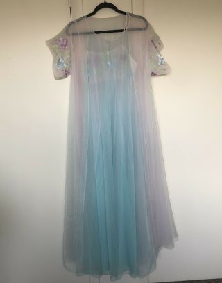 Vintage Vanity Fair Pink Blue Purple 2 Layer Sheer Nylon Robe Nightgown 34 Mcm