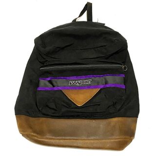 Vintage 90s Jansport Leather Bottom Backpack Day Pack Usa Made Black Purple Trim