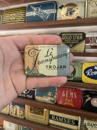 Vintage Trojan Le Transparent Prophylactic Condom Tin Box Eiffel Tower Graphic