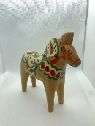 Vintage 6” Nils Olsson Swedish Dala Horse With Sticker Folk Art Hand Carved