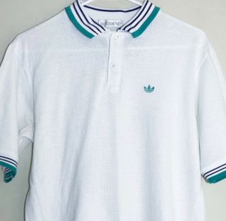 Men’s Large (see Msrmnts) Adidas Vintage 1990s Mesh Polo Made In Usa Teal Stripe