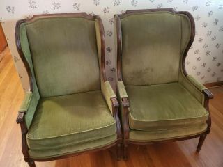 Estate - Two (2) Vintage Moss Green Velvet Wing Back Carved Rich Wood By Century