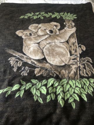 Vintage Biederlack Acryl Velours Blanket Koala Bear & Cub 72 " X 56 " Made In Usa