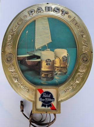Vintage Pabst Blue Ribbon Pbr Beer Sail Boat Light Oval Sign Framed