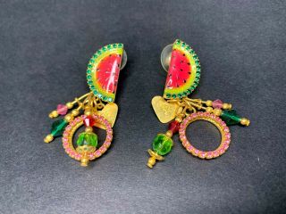 Vtg Lunch At The Ritz Watermelon Pink And Green Jeweled Charm Earrings Ds16