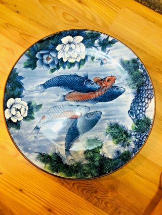 Large 17” Vintage Japanese Porcelain Plate Blue & Orange Koi Fish Lotus Flowers