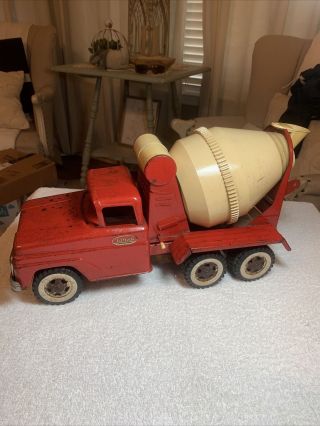 Vintage 1960s Tonka Cement Mixer Truck Department Metal Toy Red & White