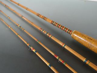 Vtg Custom? 3 Piece Bamboo Fly Fishing Pole W/ Extra Tip Colorful Wrap Cork Hand
