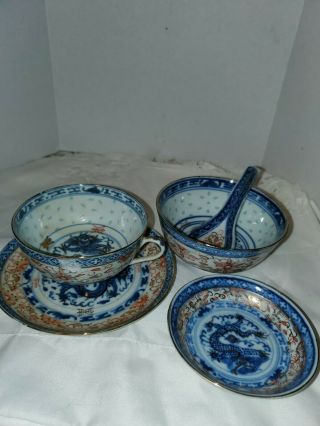 Vintage Chinese White With Blue Dragon Rice Eye 2 Bowls,  Cup & Saucer,  And Spoon