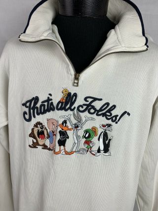 Vintage Looney Tunes Embroidered Sweater 1/4 Zip Pullover Warner Bros 90s Large