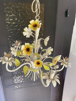 Vintage Whimsical Flower & Floral Laden Painted Tole Five Light Chandelier