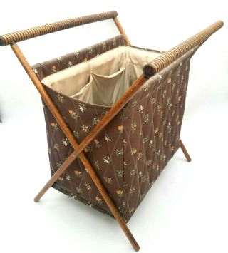 Vintage Knitting Sewing Crochet Stand Up Cloth Bag Basket Folding Wood Frame