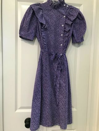Vtg 70s Prairie Boho Dress Puff Sleeve Purple Floral Gunne Saxe Style Sz 3
