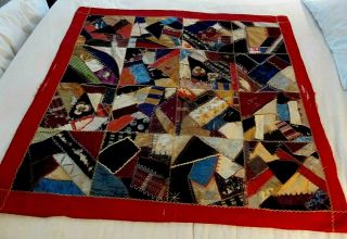 Antique Crazy Quilt 45 " Embroidery Pansy Velvet Silk Backing Colorful Handmade