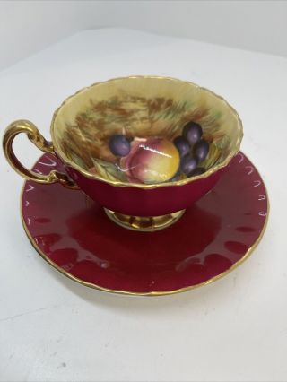 Vintage Aynsley Burgundy Red Fruit Orchard Teacup And Saucer Signed