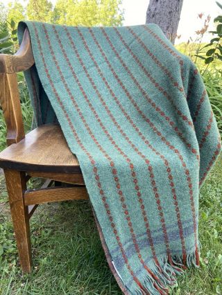 Amana Fine Woolens Mills Iowa Throw Picnic Blanket Green Stripe Wool Vtg Usa