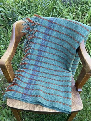 Amana Fine Woolens Mills Iowa Throw Picnic Blanket Green Stripe Wool VTG USA 3