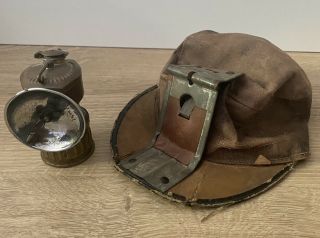 Vintage/antique Justrite Brass Coal Miners Lamp Lantern Light & Hat As - Is