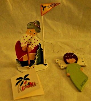 Vintage Emgee Christmas Ornaments - Set Of " 2 " - Mrs Claus " Putting Out ",  Angel