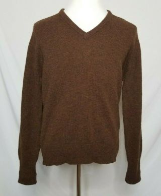 Vtg Ll Bean Mens M V - Neck Sweater 100 Lambswool Brown L/s Pullover Scotland