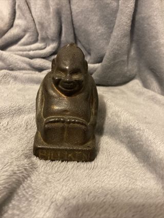 Vintage Antique Billiken " Good Luck " Buddha Cast Iron Bank 4.  5 "