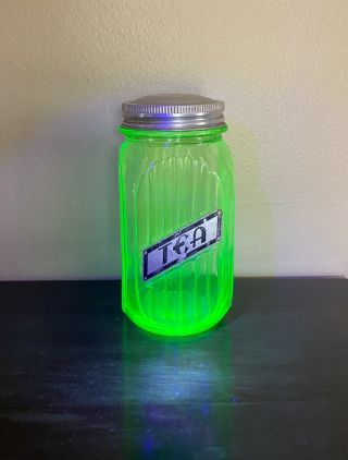 Vintage Depression Glass Ribbed Green Vaseline Jar Canister W/lid Hoosier 6 "