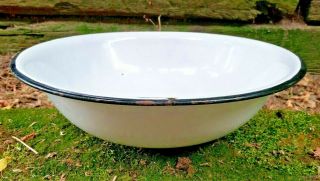 Vintage White Enamel Porcelain Wash Bowl Basin W/ Black Trim Metal 12” Farmhouse