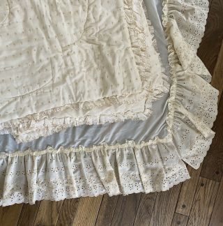 Vintage Baby Crib Quilted Comforter Blanket White Eyelet Lace Set Ruffle