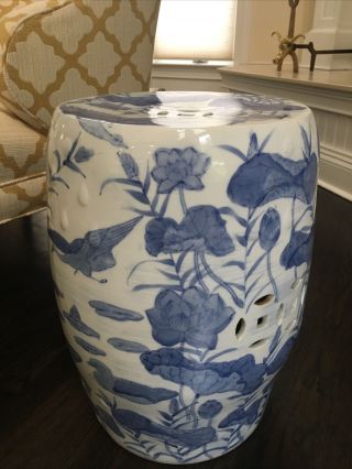 Blue & White Garden Stool End Table Asian Ceramic Art Vintage Style Plant Stand