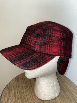 Vntg Woolrich Wool Red & Black Plaid Hunting Trapper Cap Hat W/ Ear Flaps 7 3/8