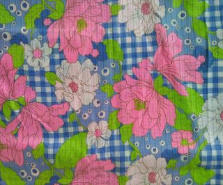 Vintage 60s 70s Mod Floral & Gingham Print Fabric 3.  75 Yards X 44 In Pink Blue