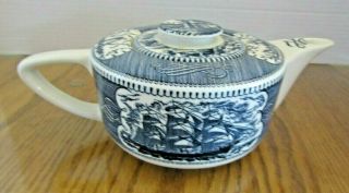 Vintage Blue & White Currier And Ives Clipper Ship Teapot W/ Lid Scrolled Spout
