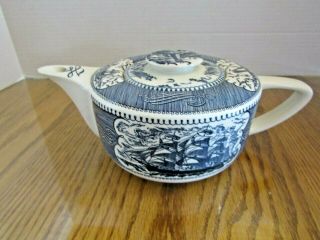 Vintage Blue & White Currier and Ives Clipper Ship Teapot w/ Lid Scrolled Spout 2