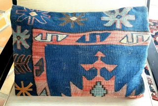 Vintage Wool Kilim Pillow Cover - Turkish Tribal Flat Weave Carpet - Blue Red