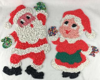 Vintage Melted Plastic Popcorn Santa Claus And Mrs Claus Decor Christmas