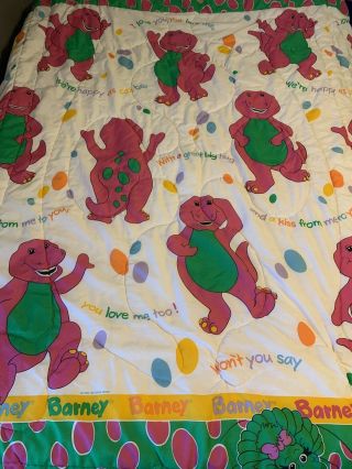 Vintage 1992 Barney & Baby Bop Dinosaur Twin Size Comforter Bedspread (62”x86”)