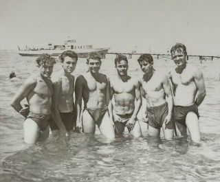 Vtg Photo Group Handsome Muscular Shirtless Guys Men Trunks Bulge Beach Gay Int